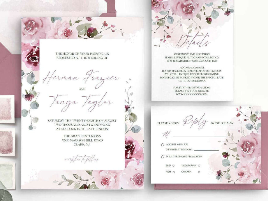 Burgundy Wedding Invitation Set,Wedding Invitation Cards,Floral