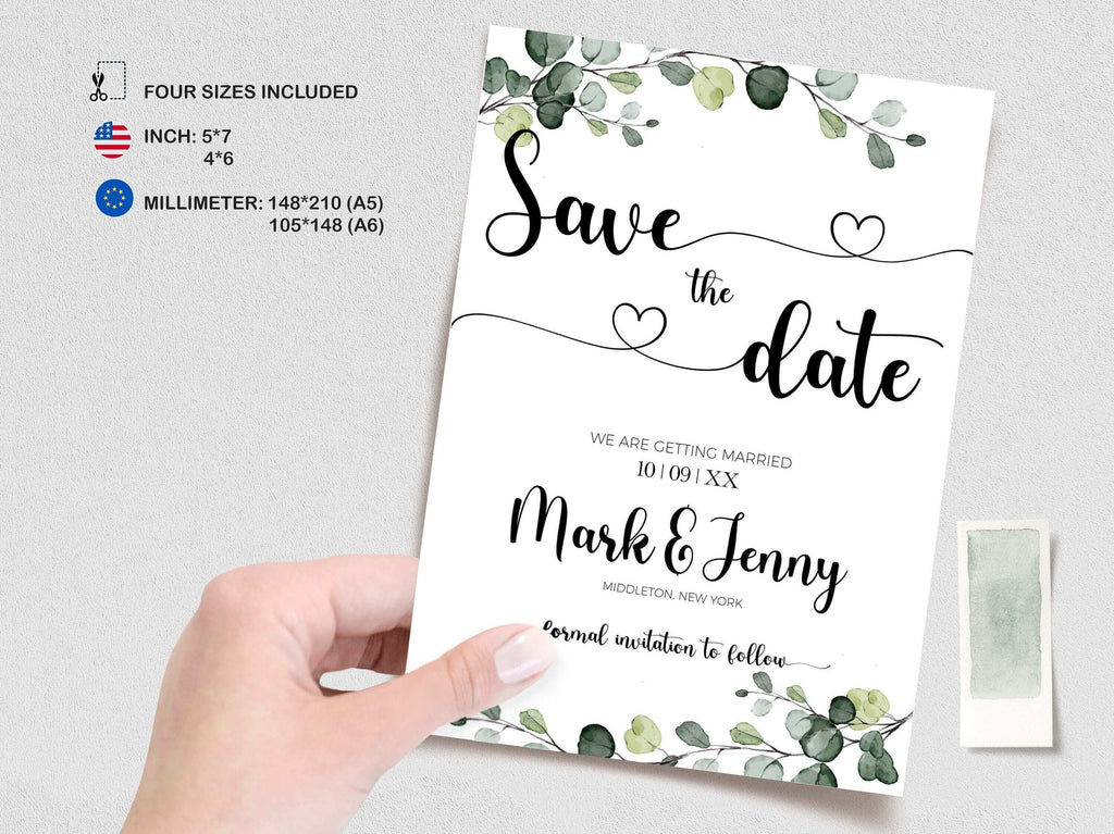 LPE0418 Save The Date Template, Eucalyptus Modern Wedding, Greeny Printables