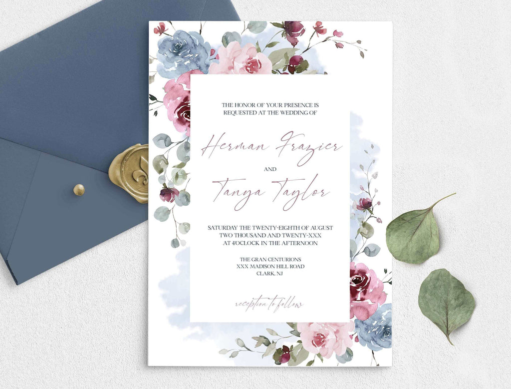 LPE0425 Wedding Invitation Template, Pink & Dusty Blue, Editable Printables