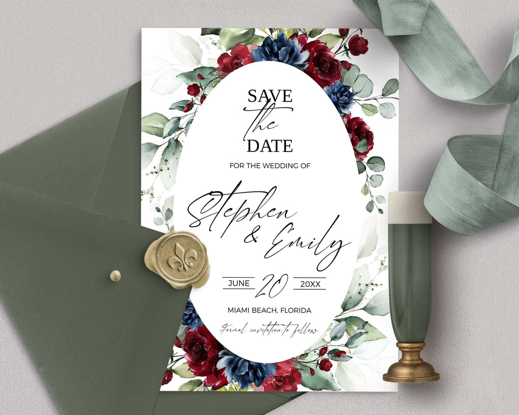 LPE0426 Wedding Save The Dates | Burgundy & Navy Blue | Editable Printables