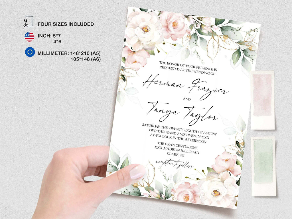 LPE0427 BLUSH Boho Wedding Invitations, Blush Pink Flowers, Editable Printable