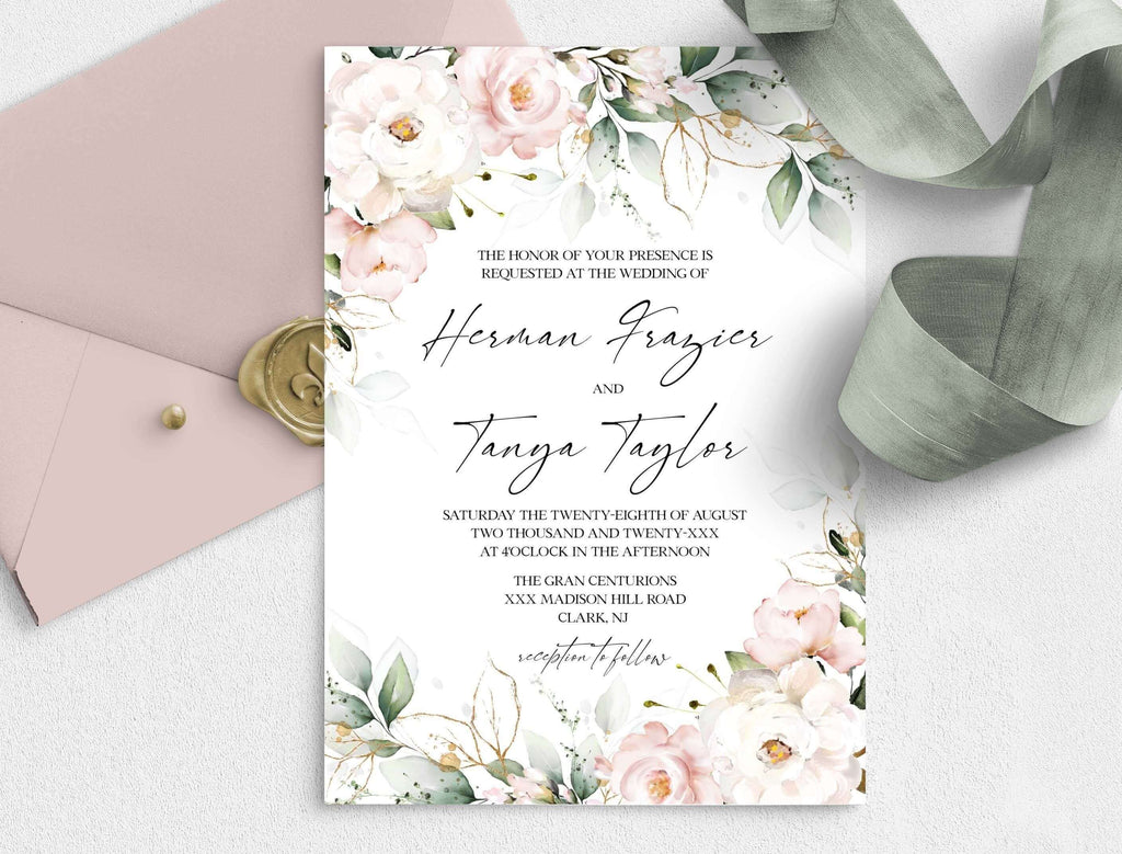 LPE0427 BLUSH Boho Wedding Invitations, Blush Pink Flowers, Editable Printable