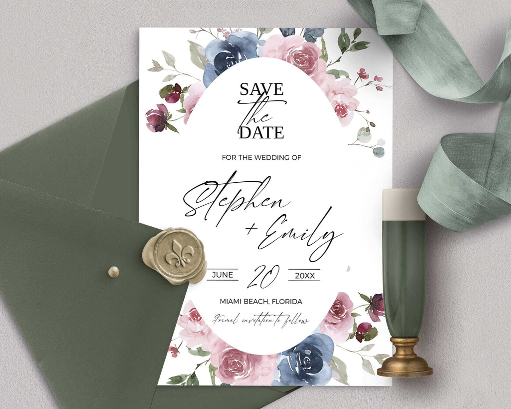 LPE0442 Save The Date Template, Dusty Blue and Dusty Pink Wedding, Printables