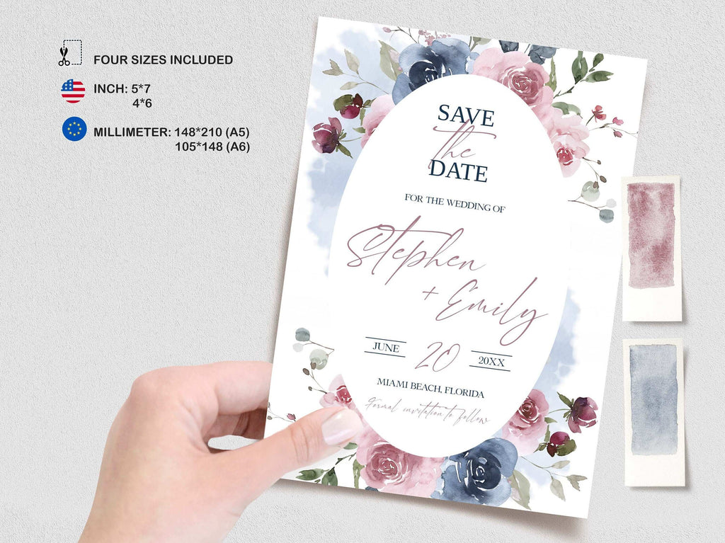 LPE0442 Save The Date Template, Dusty Blue and Dusty Pink Wedding, Printables