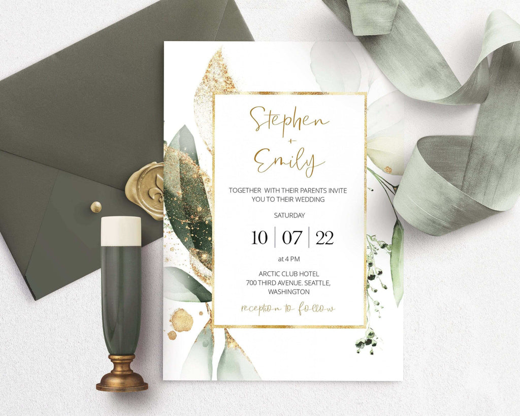 LPE0446 Wedding  Invitation Card | Eucalyptus & Gold | Editable DIY Printable