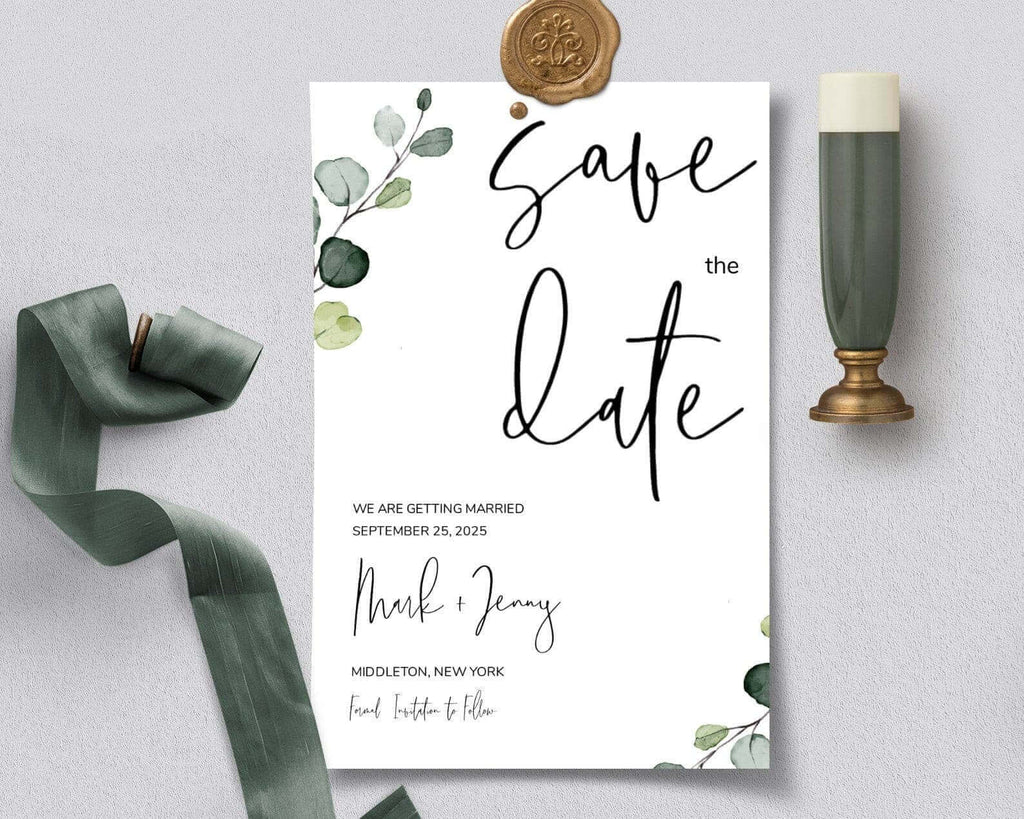 LPE0454 Save The Date Template, Eucalyptus Modern Wedding, Editable Printables