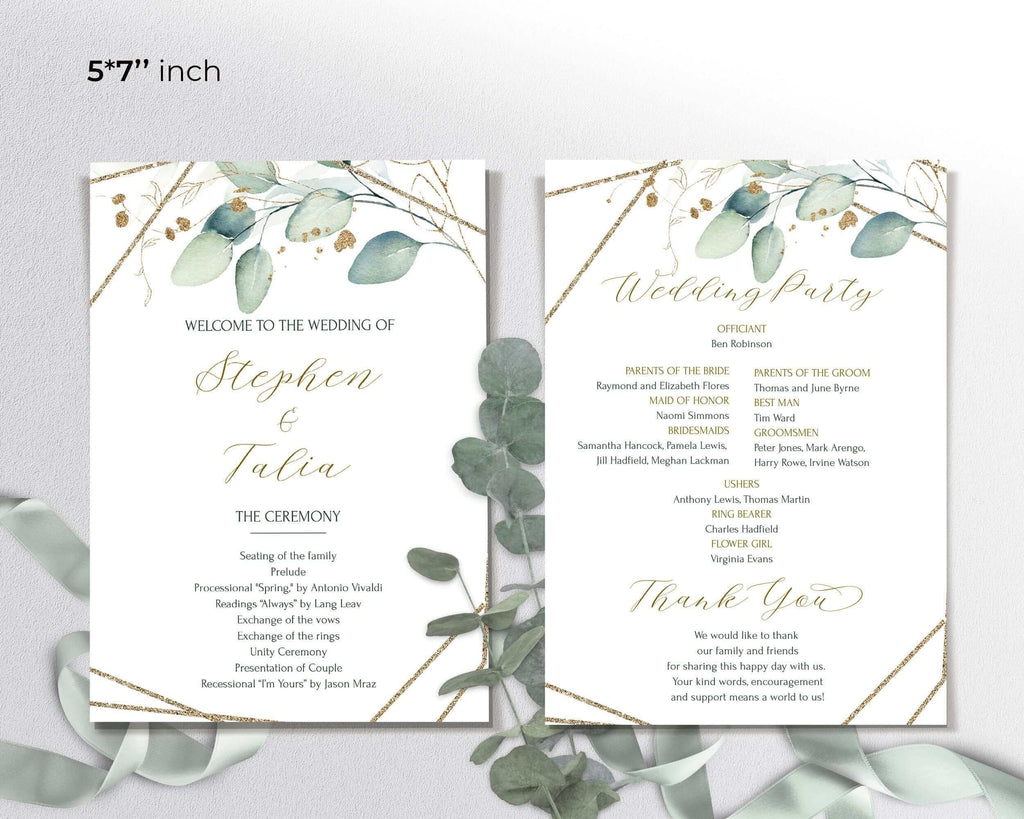 Greenery Program Template, Eucalyptus Fan Wedding Program, Printable Fan Order of Ceremony Template, Editable Wedding Program | VESNA