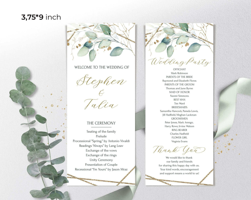 Greenery Program Template, Eucalyptus Fan Wedding Program, Printable Fan Order of Ceremony Template, Editable Wedding Program | VESNA