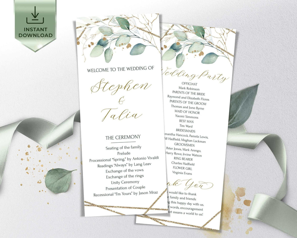 Greenery Program Template, Eucalyptus Fan Wedding Program, Printable Fan Order of Ceremony Template, Editable Wedding Program | VESNA