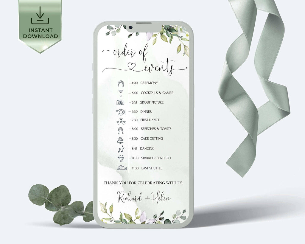 Order of Wedding Ceremony Evite, Eucalyptus & Calligraphy, Templates