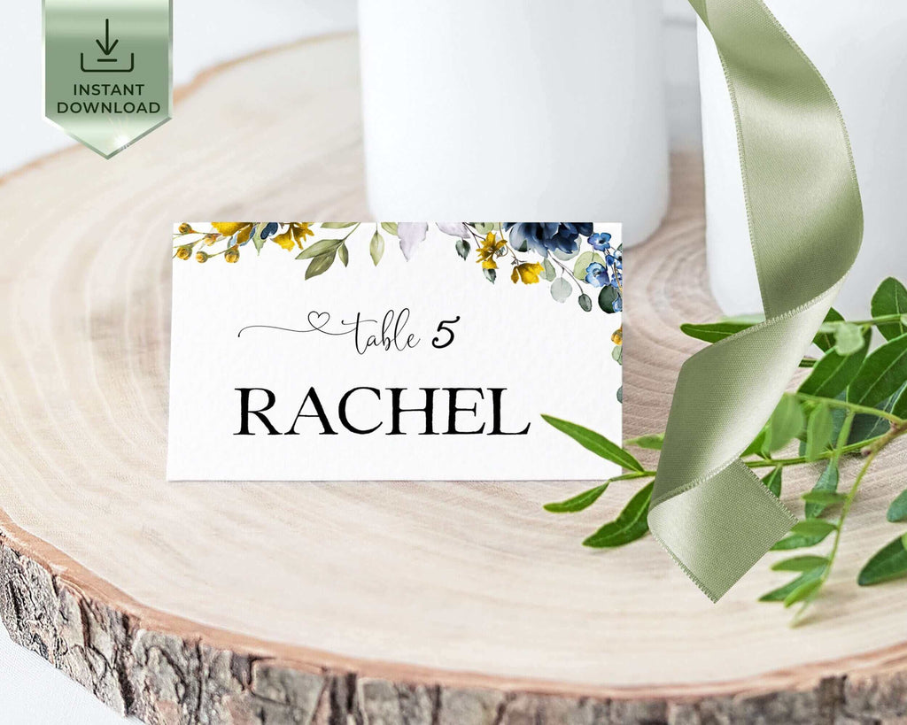 EVELYN - Place card Template, Yellow & Blue Navy Wedding Table name seat Download, Editable Wedding Place card, Tent Folded card