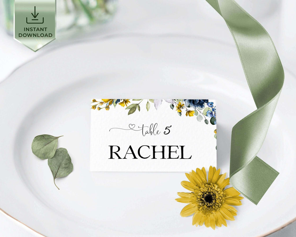 EVELYN - Place card Template, Yellow & Blue Navy Wedding Table name seat Download, Editable Wedding Place card, Tent Folded card