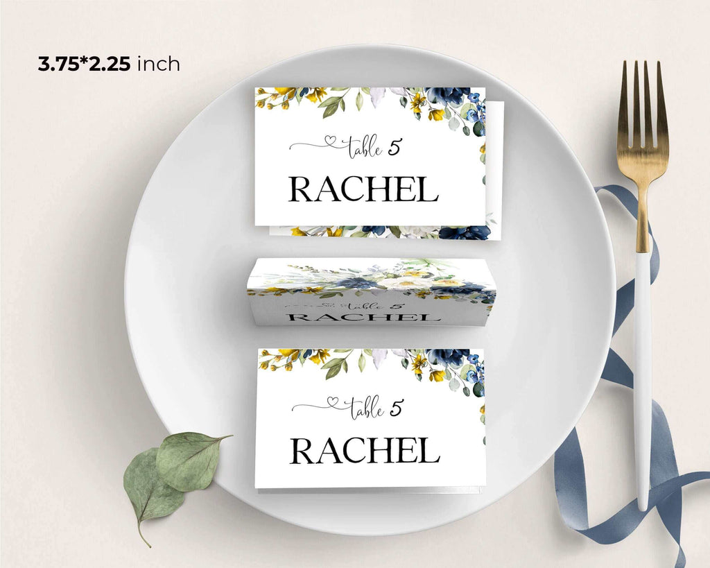 EVELYN - Place card Template, Yellow & Blue Navy Wedding Table name seat Download, Editable Wedding Place card, Tent Folded card