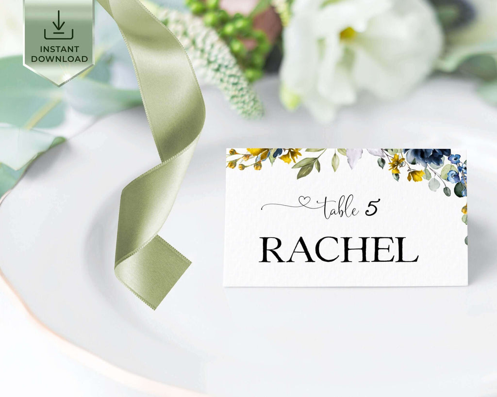 EVELYN - Place card Template, Yellow & Blue Navy Wedding Table name seat Download, Editable Wedding Place card, Tent Folded card