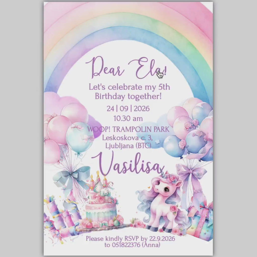Birthday Unicorn digital Invitation, Invitation for girl Template, Pink balloons Birthday Invitation rainbow Birthday Electronic Invitation