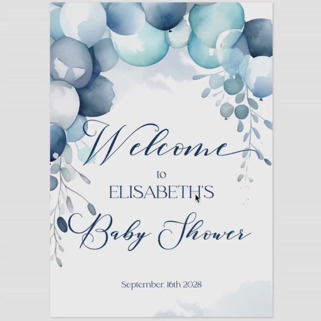 Blue Balloons Baby Shower Welcome Sign Template (Printable, Editable Design)