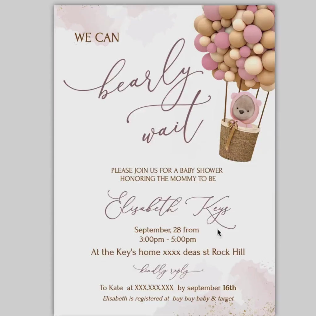 Teddy Bear Baby Shower Invitation Template, We can bearly wait, Printable Girls Soft Pink Baby Shower Invite, We can bearly wait, balloons