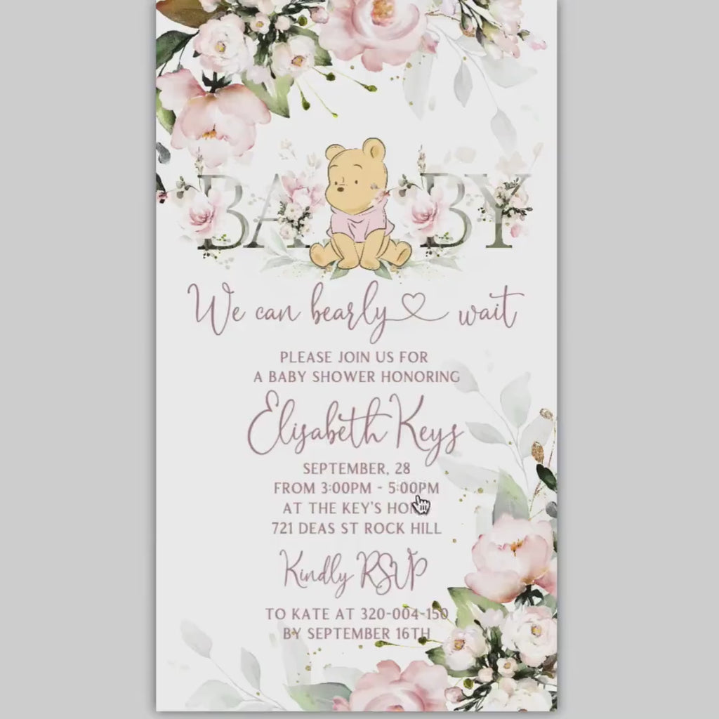 Winnie the Pooh Baby Shower Invitation: Pink Floral Girl (Electronic Template)