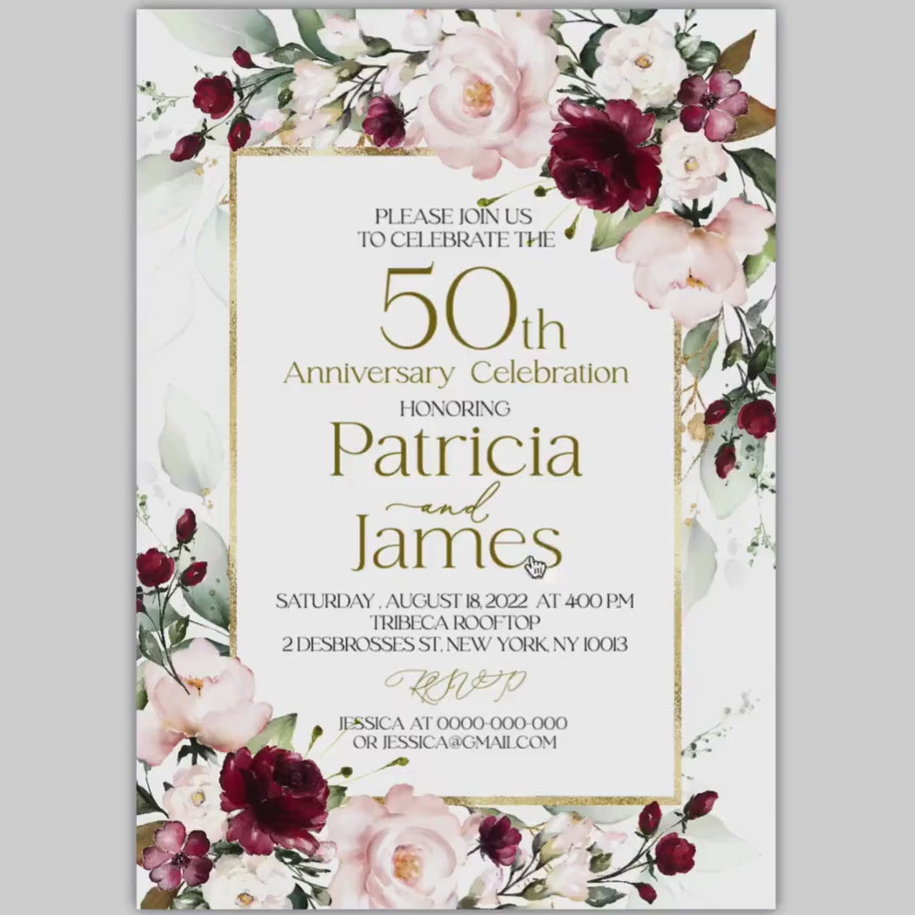 Burgundy Floral 50th Anniversary Invitation Template (Editable)