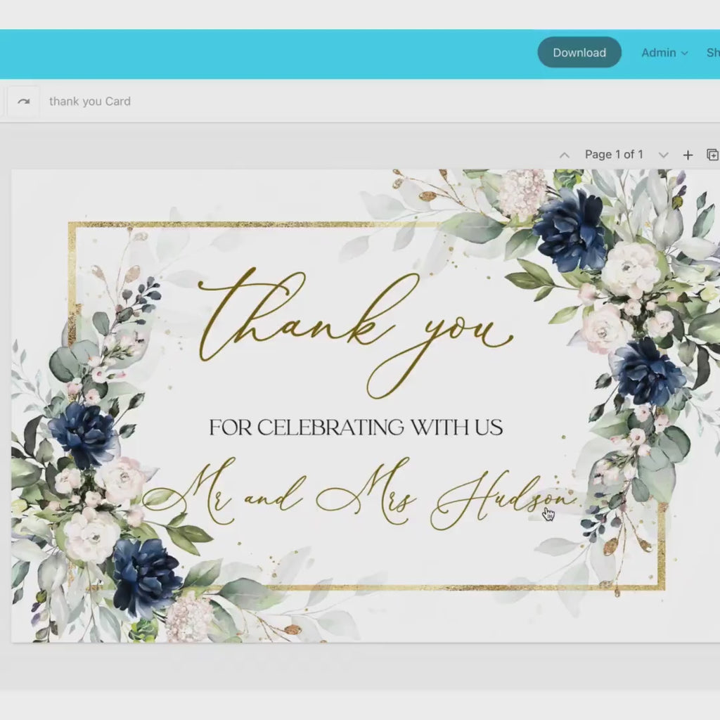 Navy Blue Floral Wedding Thank You Card Template (Printable & Editable)