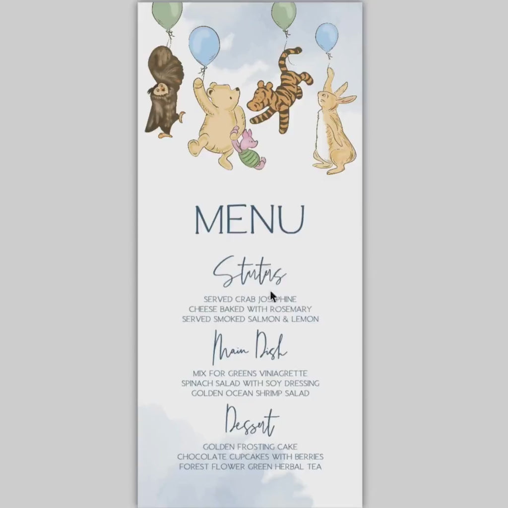 Winnie the Pooh Baby Shower Menu Template: Blue Party Menu (Printable)