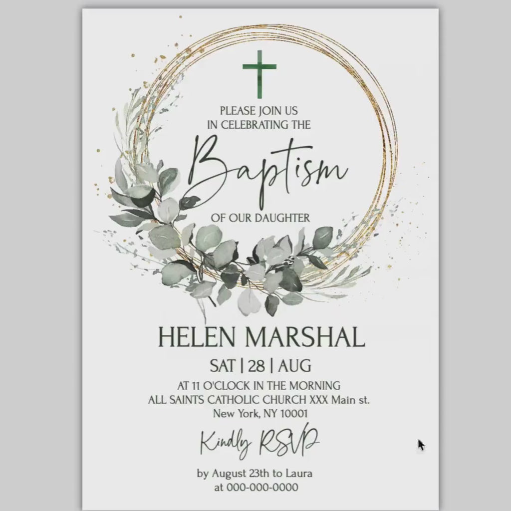 Greenery Baptism invitation Template, Eucalyptus Christening invitation, Green and Gold Baptism Invite