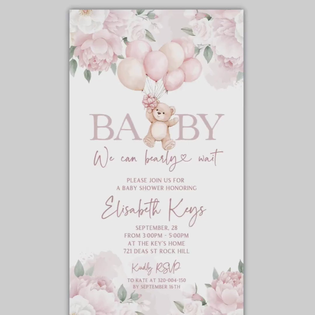 Pink Teddy Bear Baby Shower Electronic Invitation (Digital Invite)
