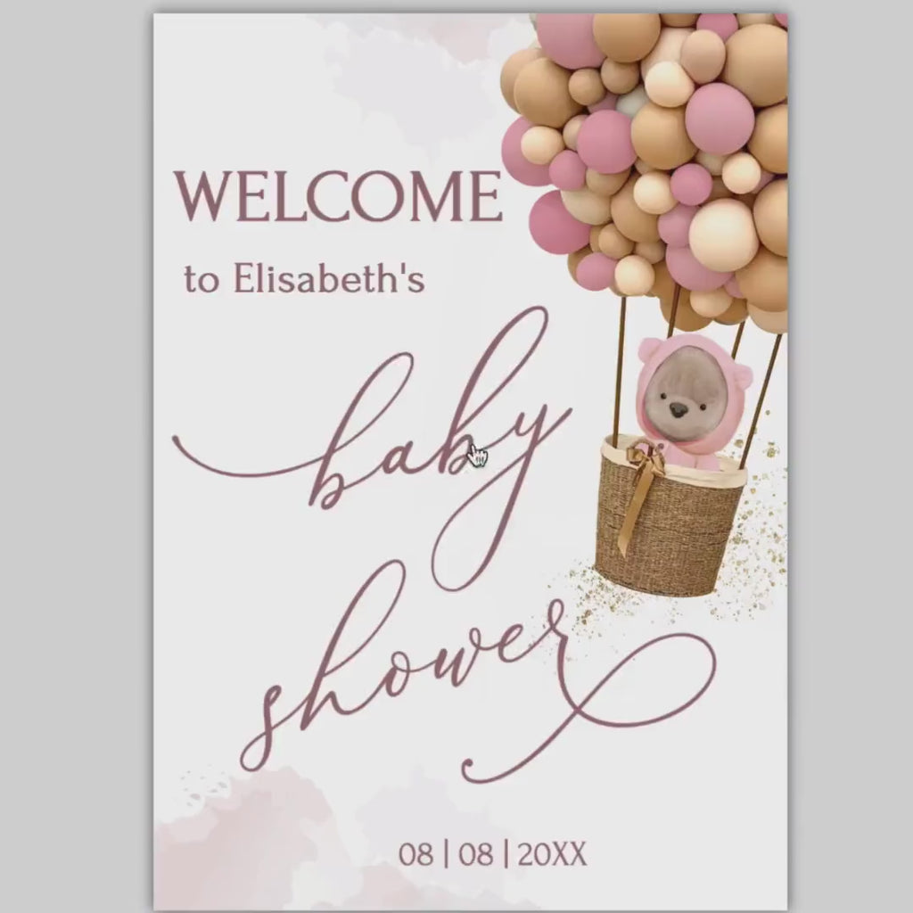 Teddy Bear Baby Shower Welcome Sign: Pink Balloons (Printable Template)