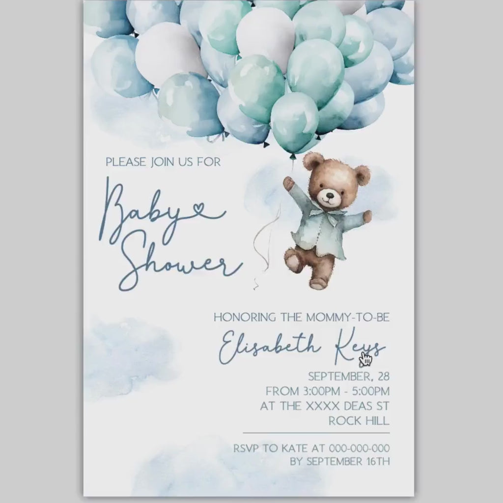 Teddy Bear Baby Shower Electronic Invitation Template | Blue Balloons Baby Shower Digital Invite | Blue Baby Shower Mobile Invitation