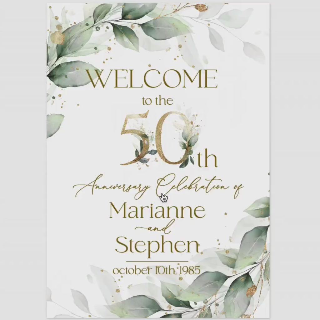 50th Anniversary Welcome Sign Template: Sage Green & Gold Eucalyptus (Printable Digital Download)