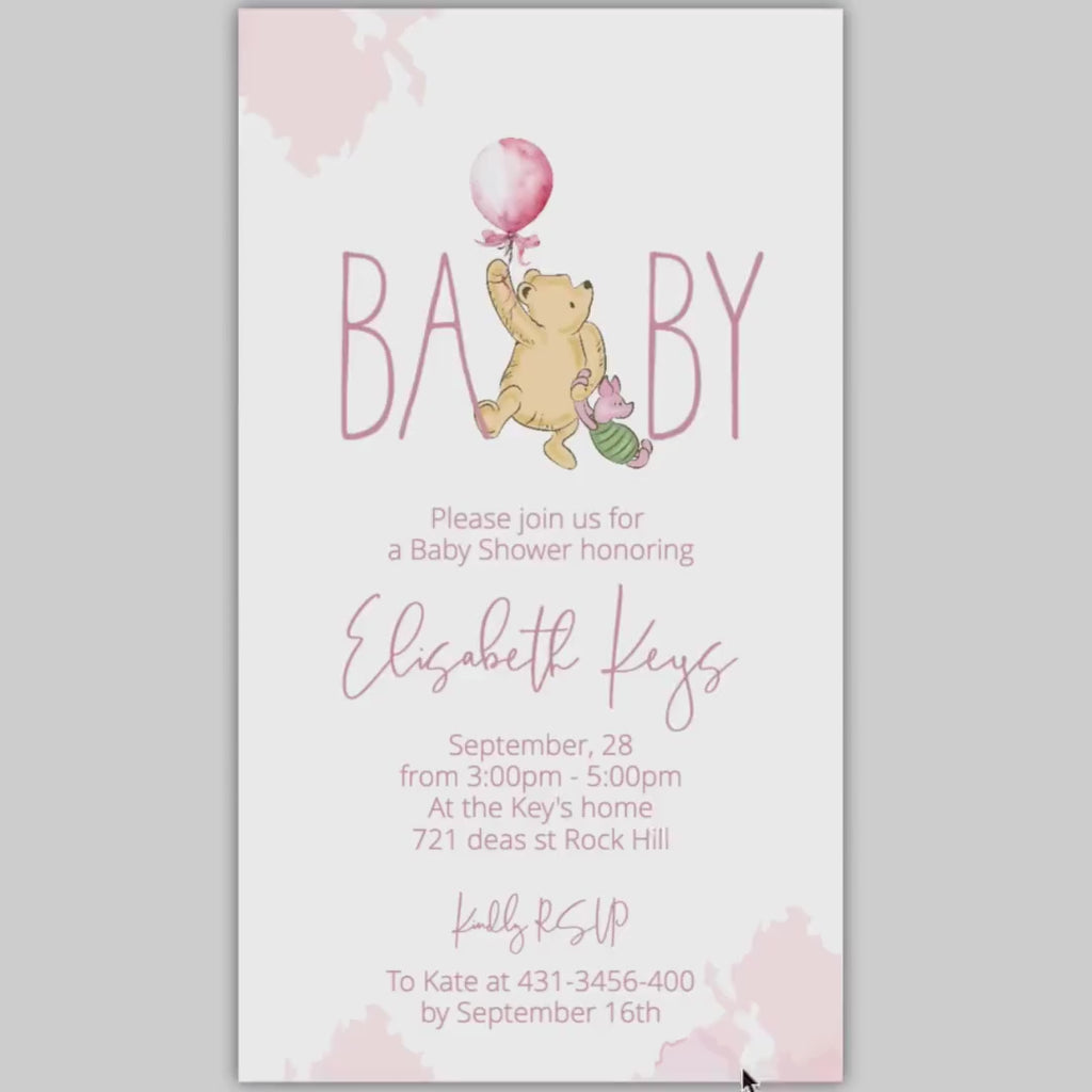 Winnie the Pooh Girl Baby Shower Invitation: Pink Balloons (Digital Invite)