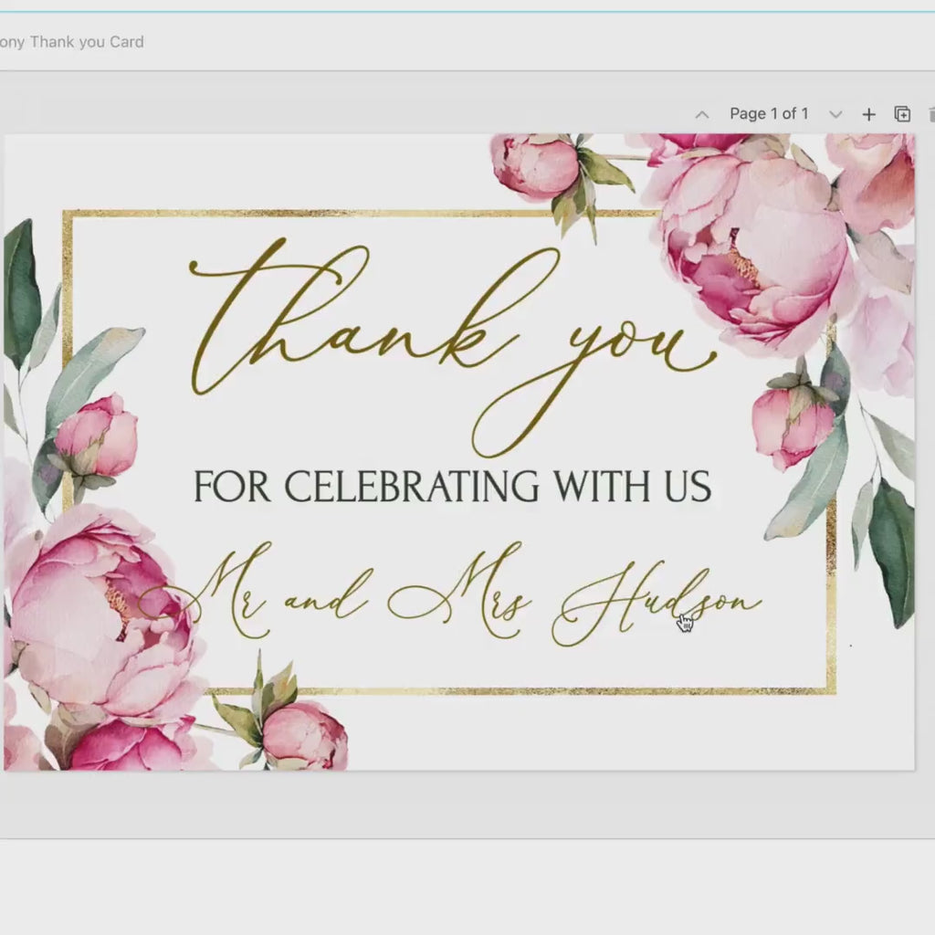 Peony Wedding Thank You Card Template: Printable Floral Stationery (5x3.5" Flat & Folded)