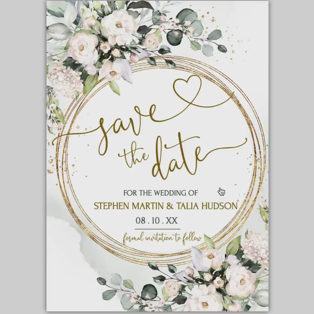 Floral Save the Date Card: White Flowers & Eucalyptus (Editable Template)