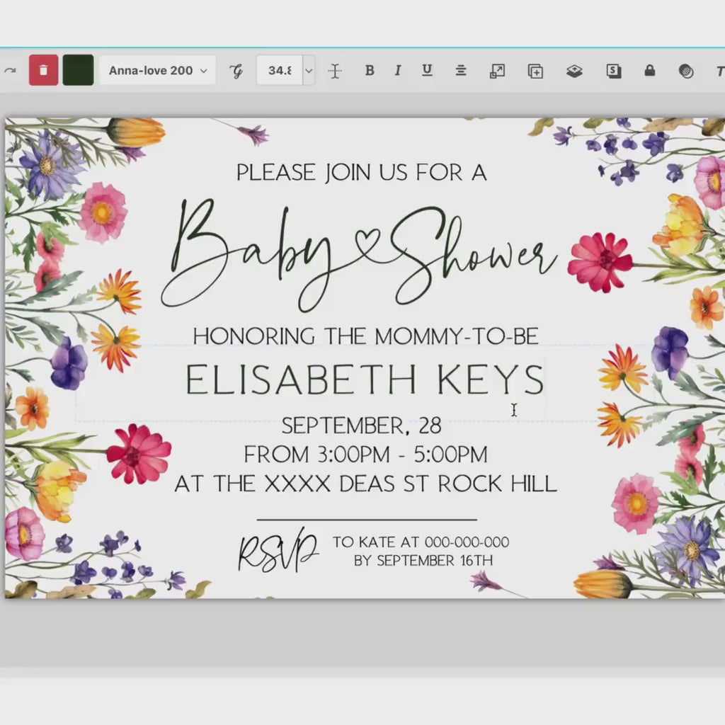 WildFlowers Baby Shower Invitation Template, printable Pink Yellow Baby Shower, Girls Baby Shower Invite, Wild Herbs Baby Shower Invite