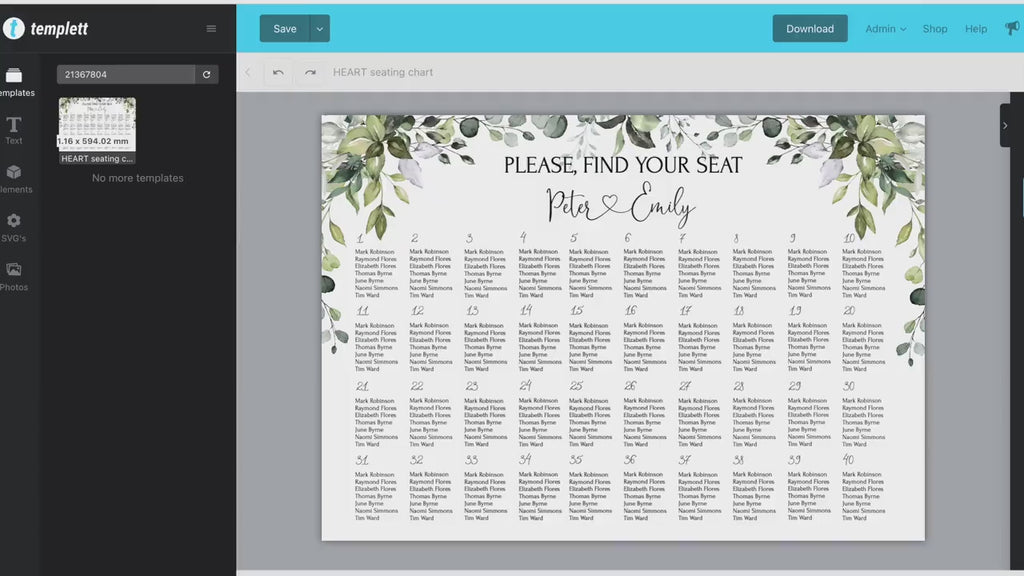 Eucalyptus Wedding Seating Chart Template (Digital Download) HEART | LE170
