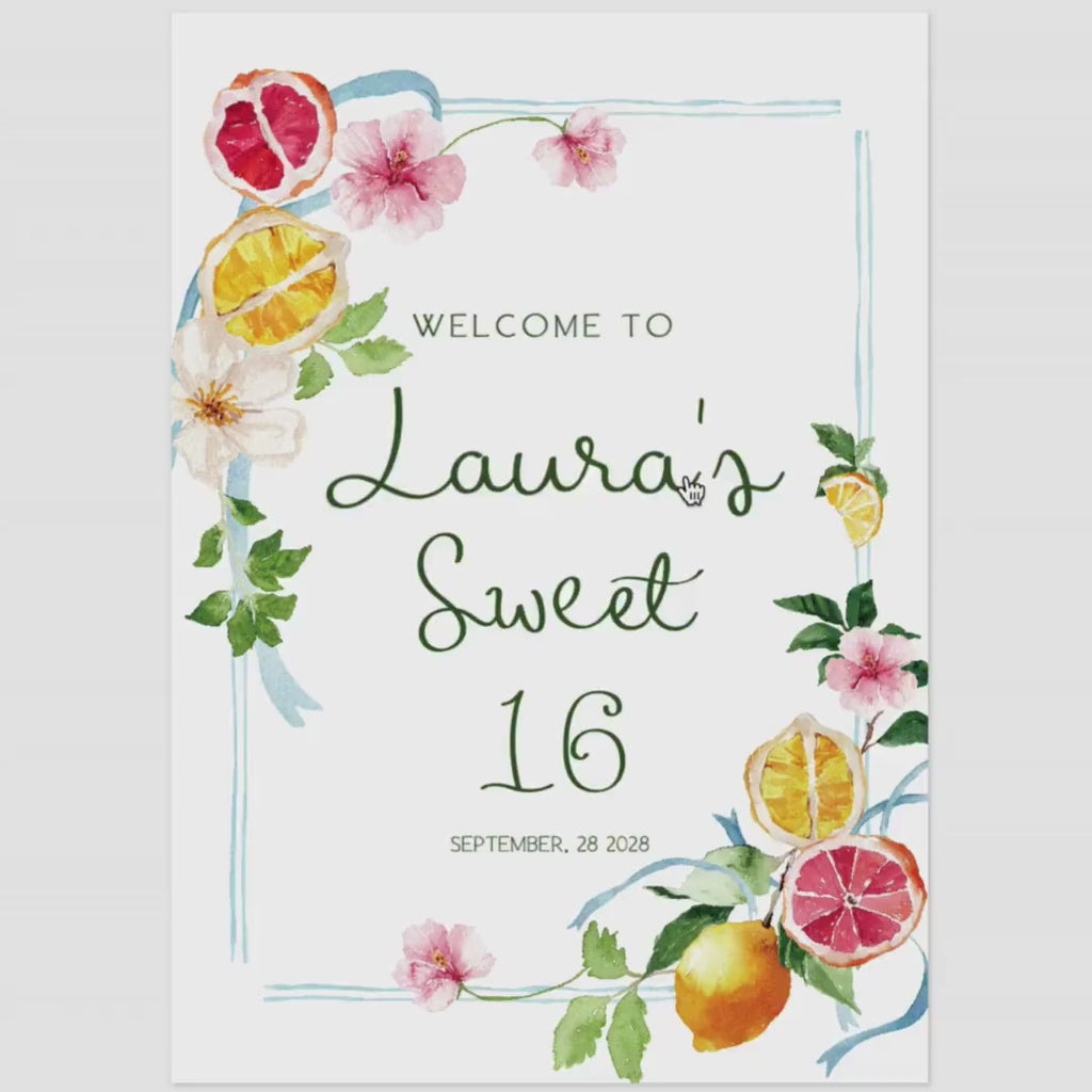 Sweet Sixteen Welcome Sign Template: Citrus Lemon Mediterranean (Printable Digital Download)