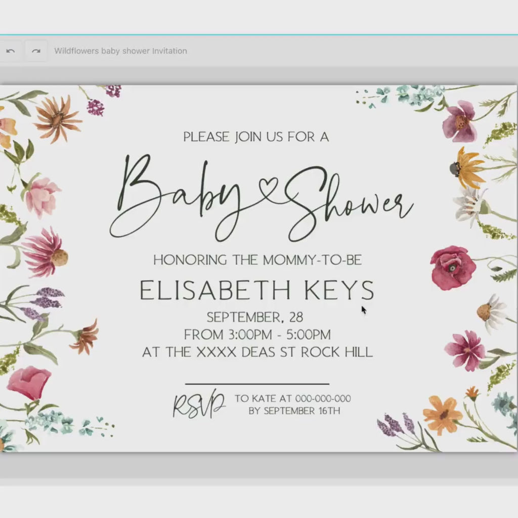 Wildflowers Baby Shower Invitation Template, printable Rustic Baby Shower, Girls Baby Shower Pink Yellow Baby Shower Invite Instant Download