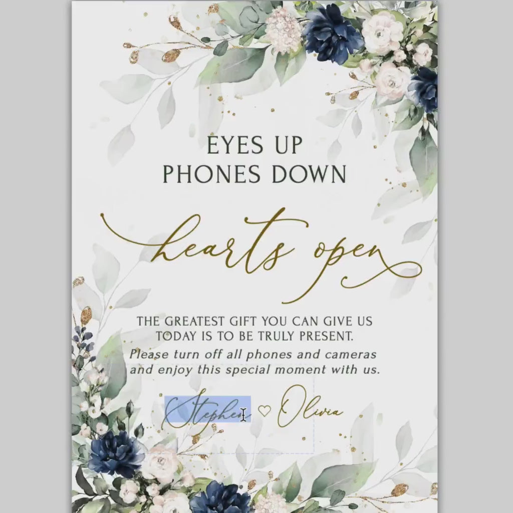 Unplugged Ceremony Wedding Sign: Navy Blue Eyes Up Phones Down (Printable Template