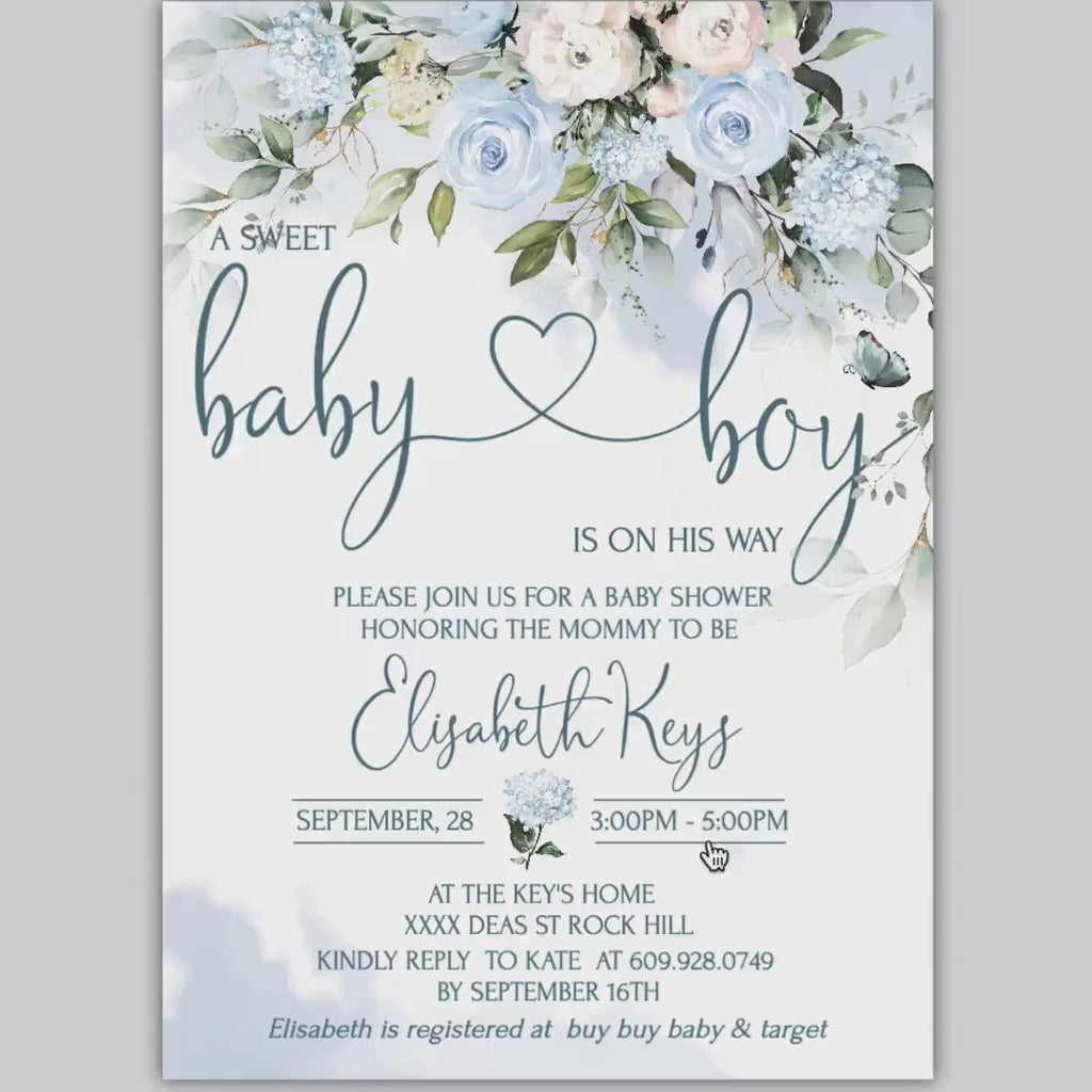 Blue Floral Baby Shower Invitation Set: Boy Diaper Raffle, Thank You Card (Digital Download)