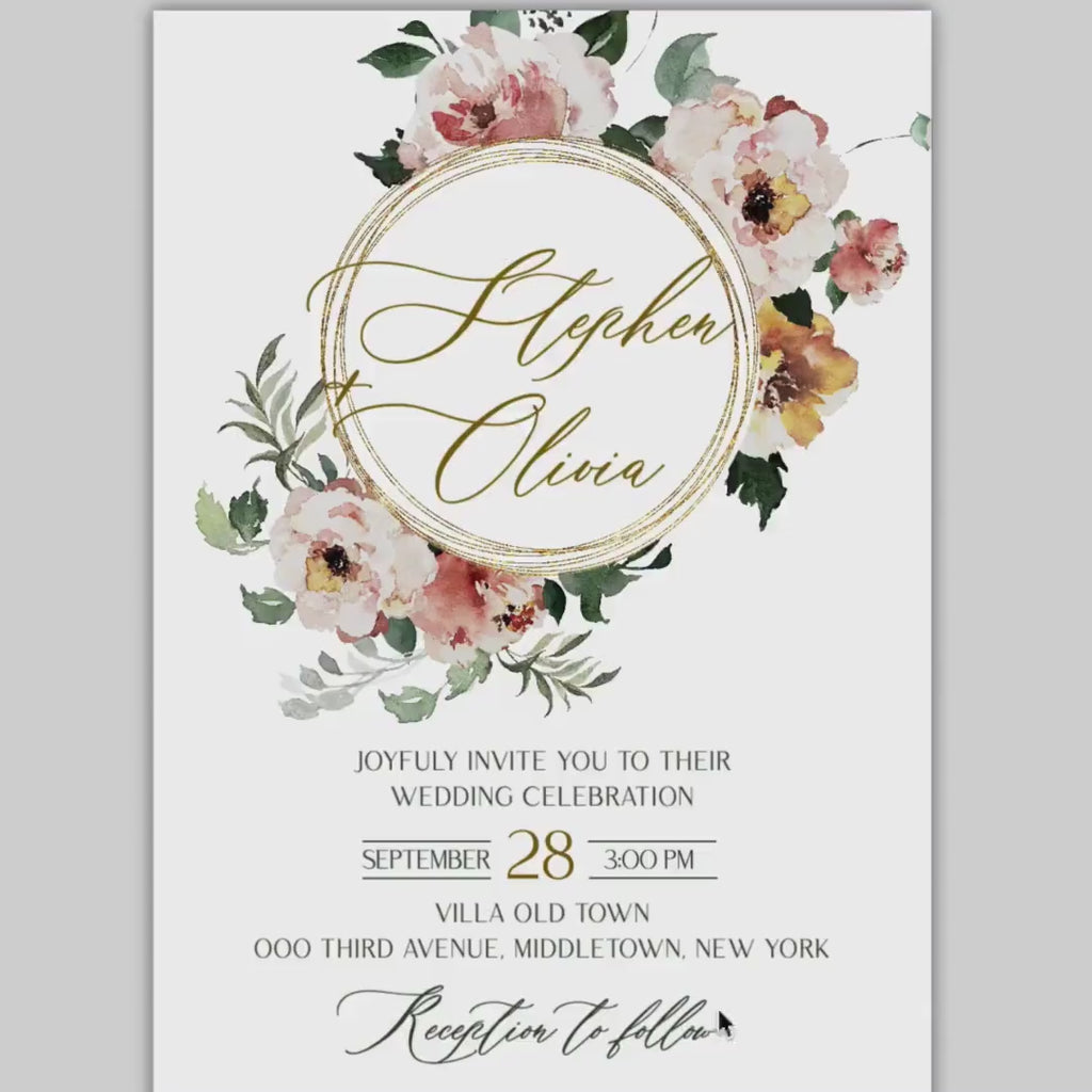 Pink Watercolor Wedding Invitation Template: Shabby Chic Floral (Printable Instant Download)