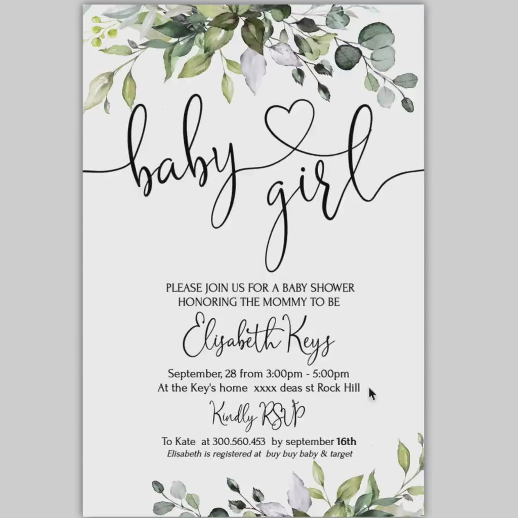 Greenery Baby Shower Invitation Set: Eucalyptus Girl Invite (Digital Download)