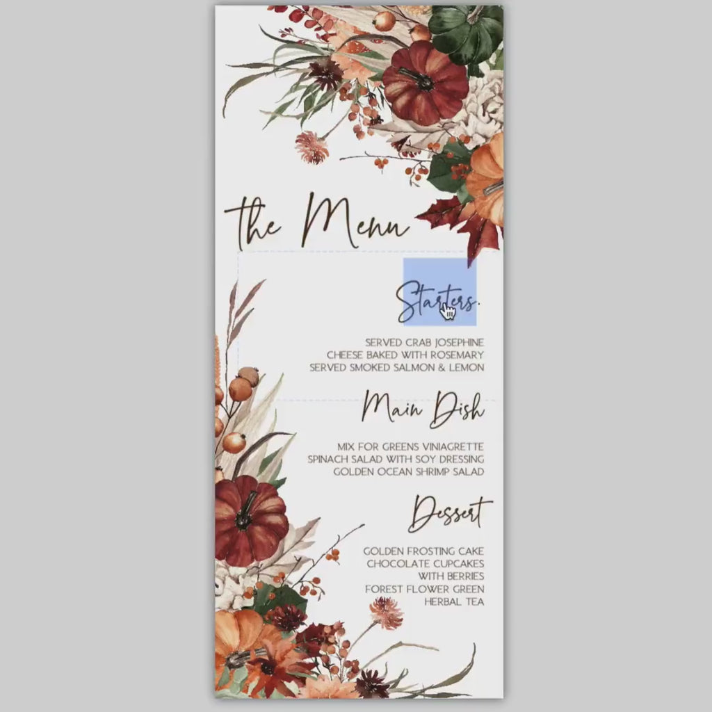 Pumpkin Menu Template, Thanksgiving Dinner Menu Fall Desert Wedding Menu Card | Editable Autumn Wedding Menu | Garden Wedding Menu 
