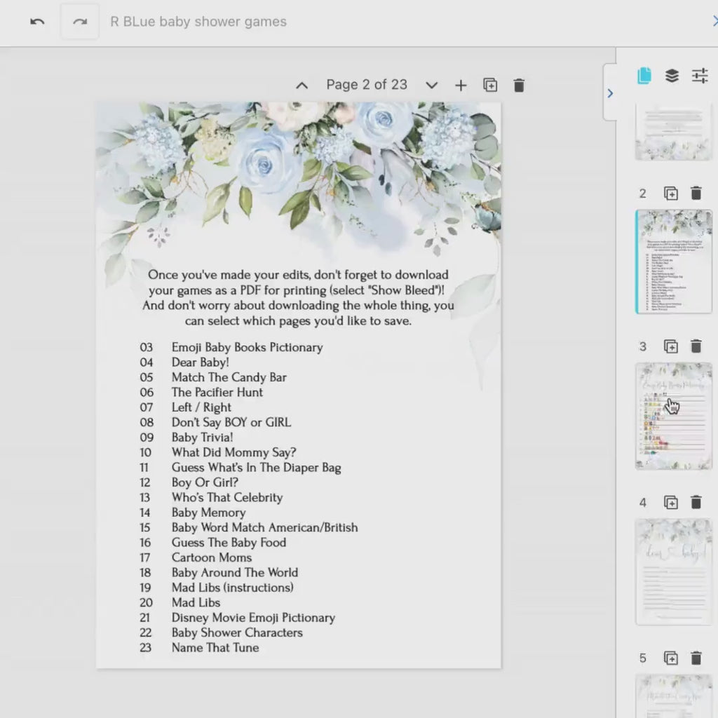 Blue Floral Baby Shower Games Pack: Editable Printable Templates (5x7" PDF Download)