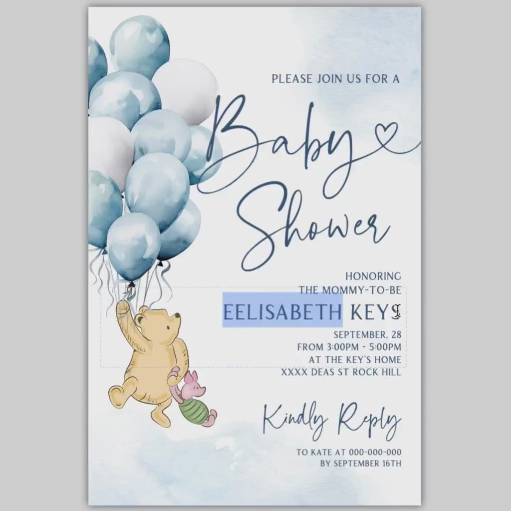 Baby Shower Invitation Set Template  Blue Balloons Winnie the Pooh Invites Soft Blue Printable Diaper Ruffle Thank you card Books For Baby