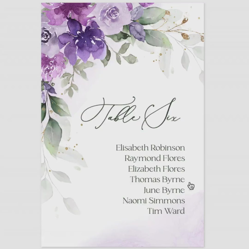 Lilac Wedding Seating Chart Template: Sage Green & Purple Flowers (DIY Printable Card