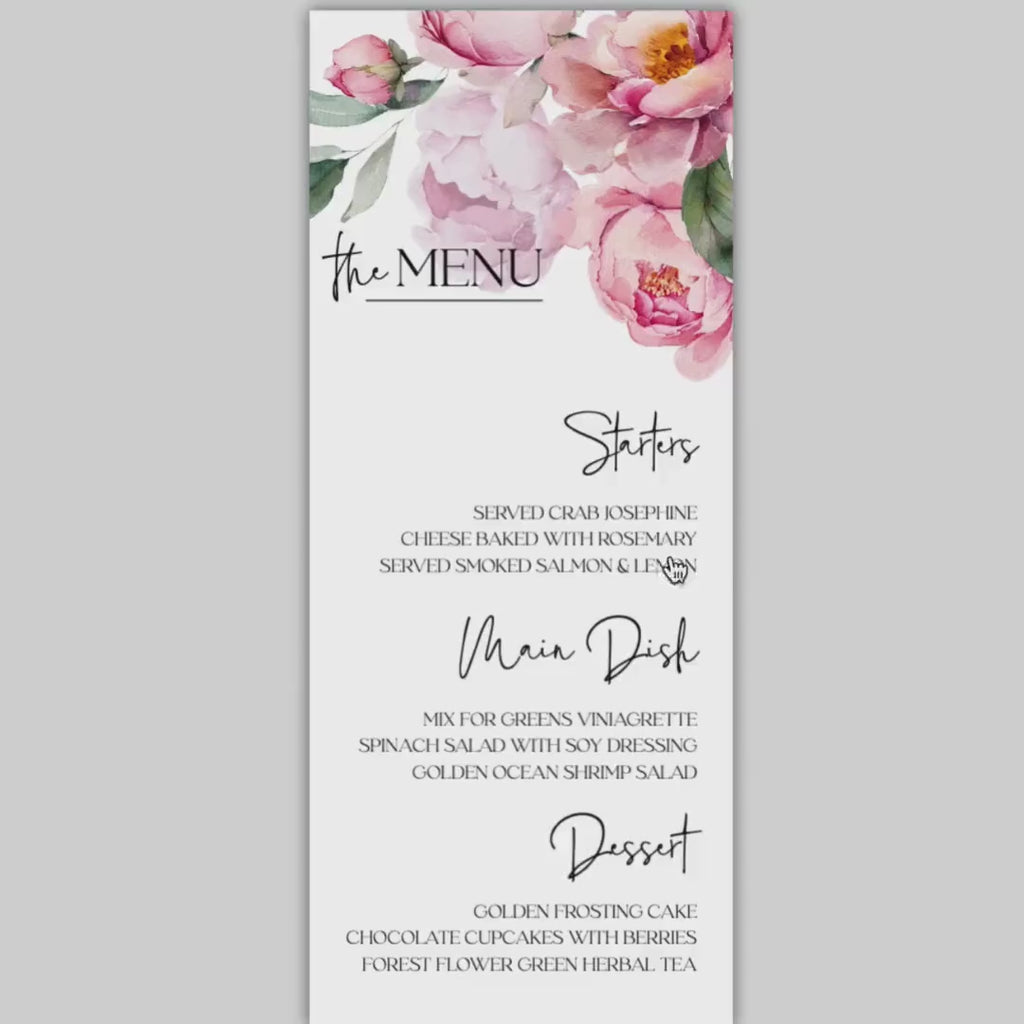 Peony Wedding Menu Template: Pink Floral, Editable Printable