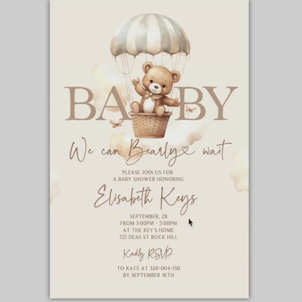 Teddy Bear Air Balloon Baby Shower Invitation Template (Instant Download)