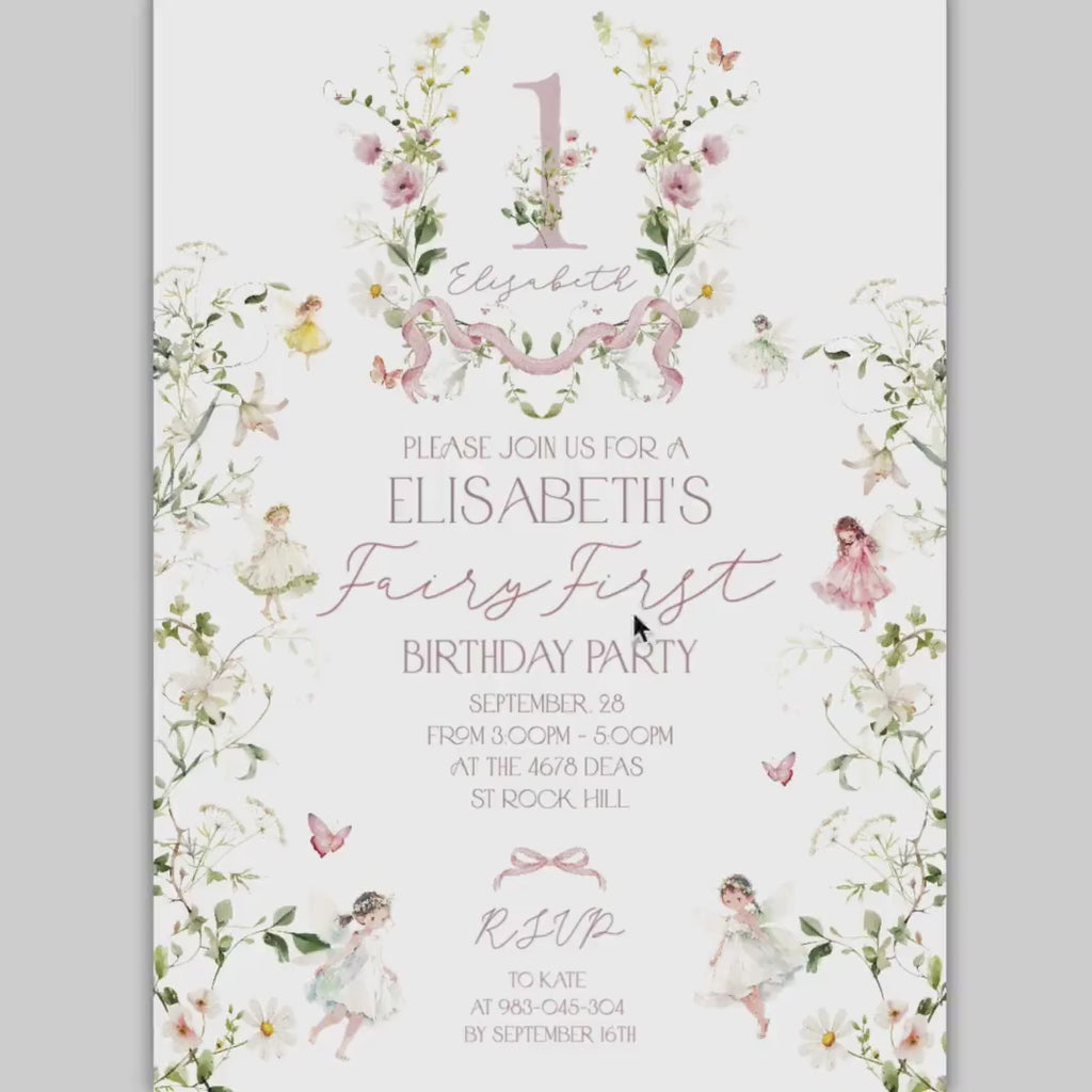 Fairy First Birthday Invitation: Pink Flowers Crest (Digital Template