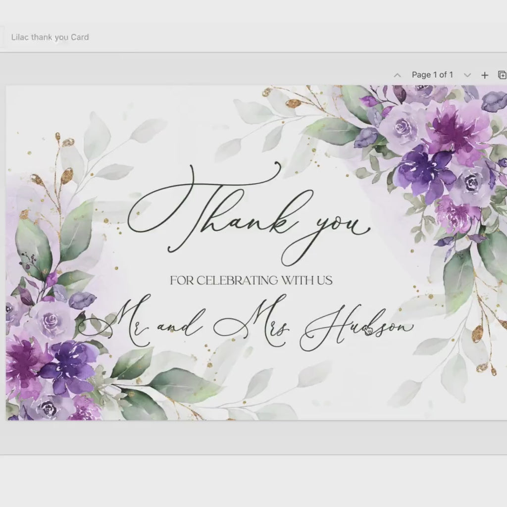 Lilac Floral Wedding Thank You Card Template (Printable, Editable Stationery)