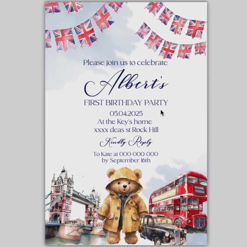 London Bear 1th birthday Electronic Invitation Template, Paddington Bear First Birthday Digital Invitation Smartphone iPhone
